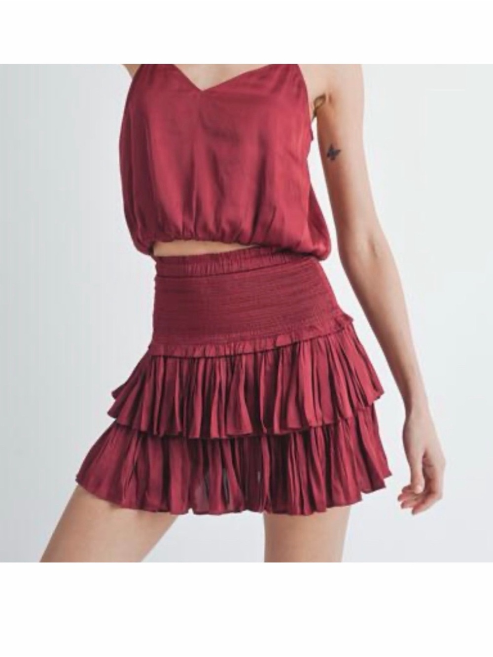 Women's Ruffled Burgundy Mini Skirt Set by